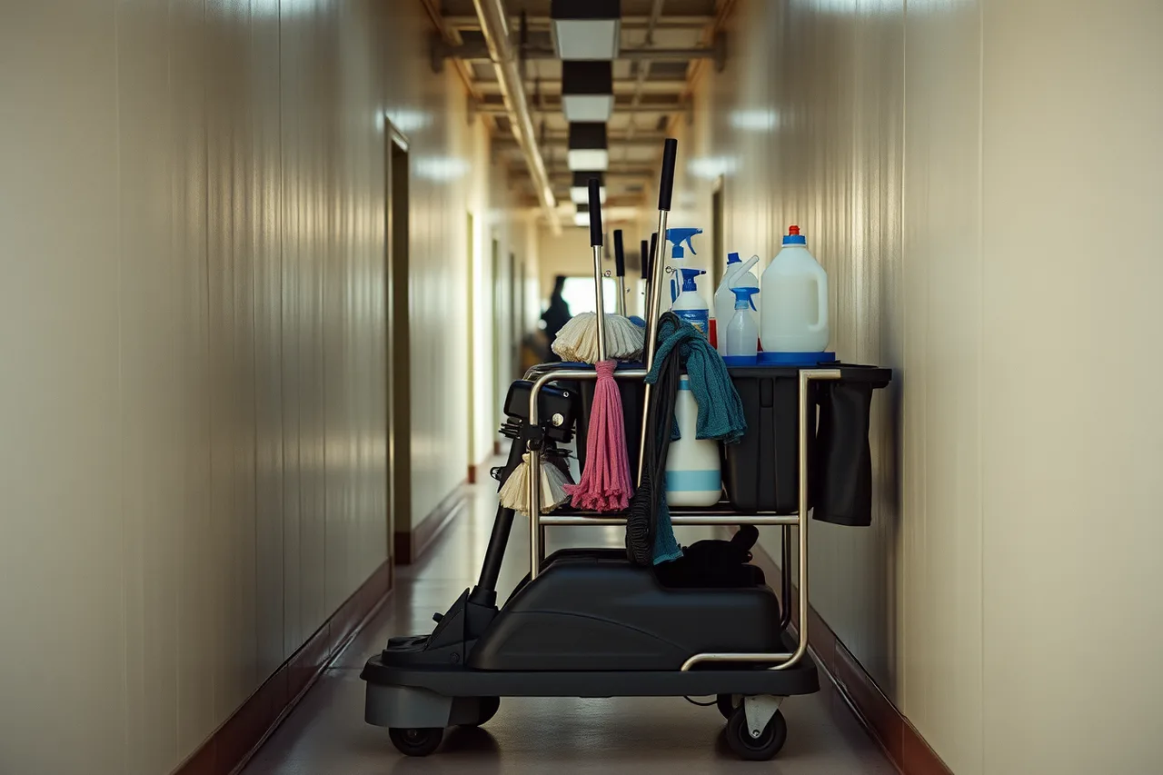 Loaded janitorial cart with floor machine and labeled chemicals (Commercial cleaning services: the version that survives contact with reality)