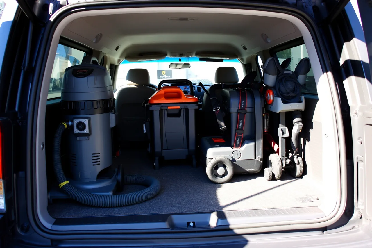 Route vehicle cargo area with spare vacuum, batteries, second cart, and tied-down machines (Equipment a commercial cleaning business cannot open without)