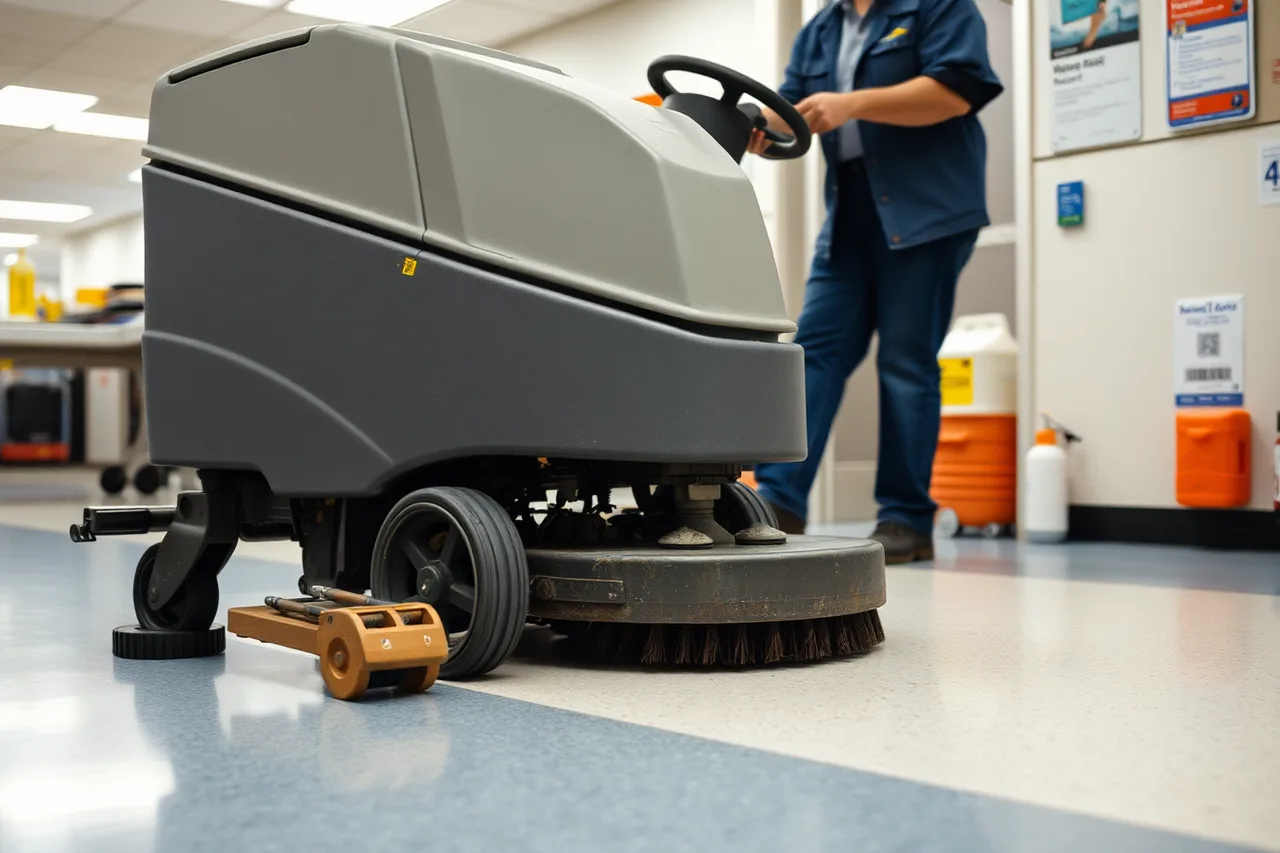 Operator running a floor machine under load with pads and chemicals nearby (Equipment a commercial cleaning business cannot open without)