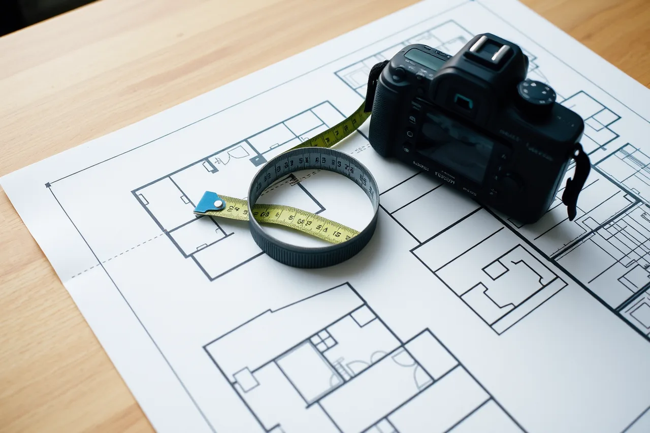 Measuring wheel and phone camera on a commercial floor plan (How to Respond to a Commercial Cleaning RFP Without Underpricing the Walkthrough)