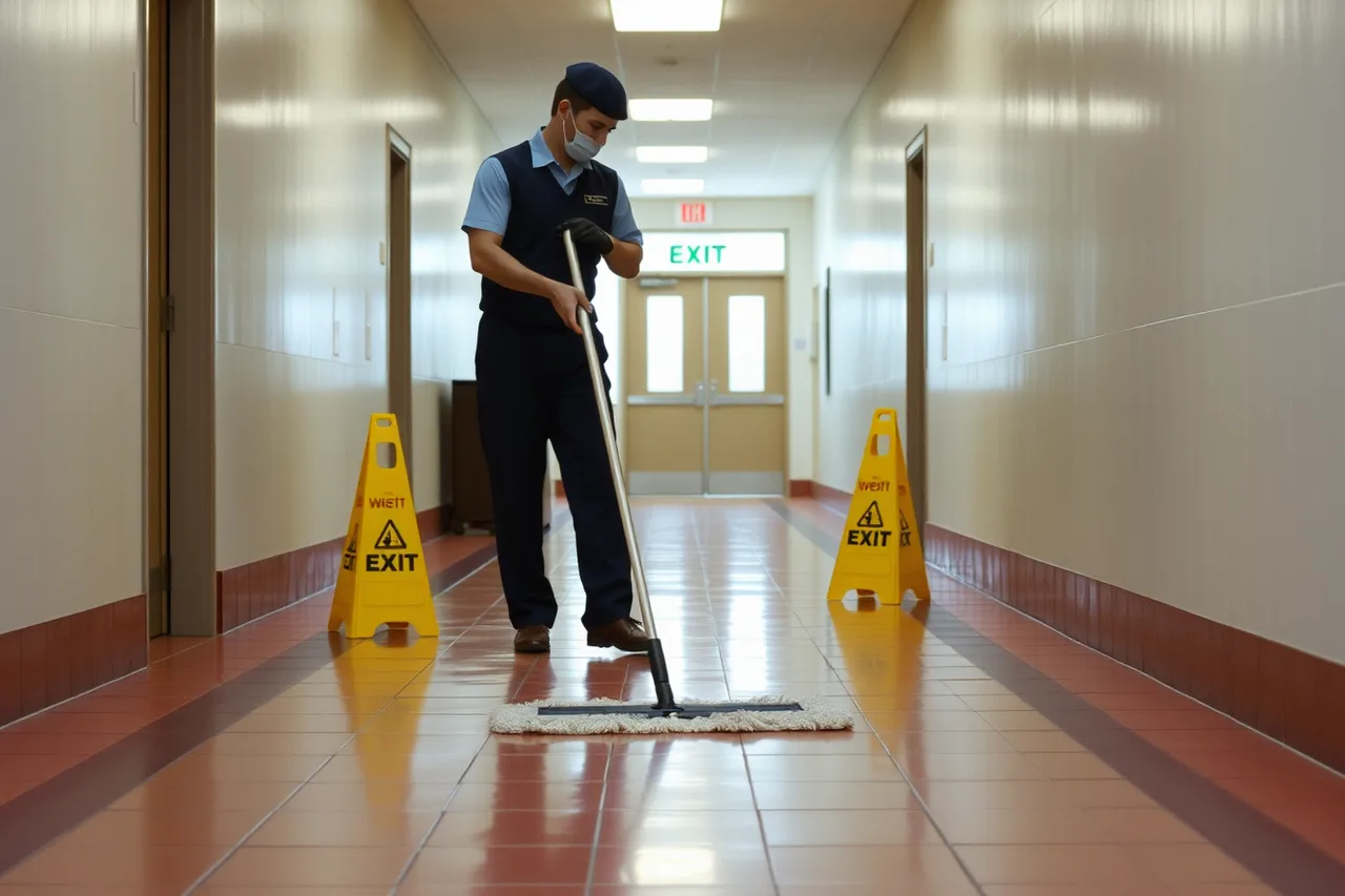 Cleaner damp mopping a tiled corridor toward the exit with wet-floor sign (How a commercial cleaning business runs the same way every day: SOPs)