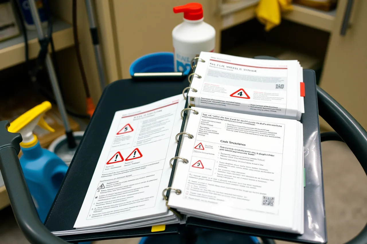 Open French WHMIS safety data sheet binder on a janitor cart (Bilingual contracts in Quebec, Bill 96 and French-language service duties)