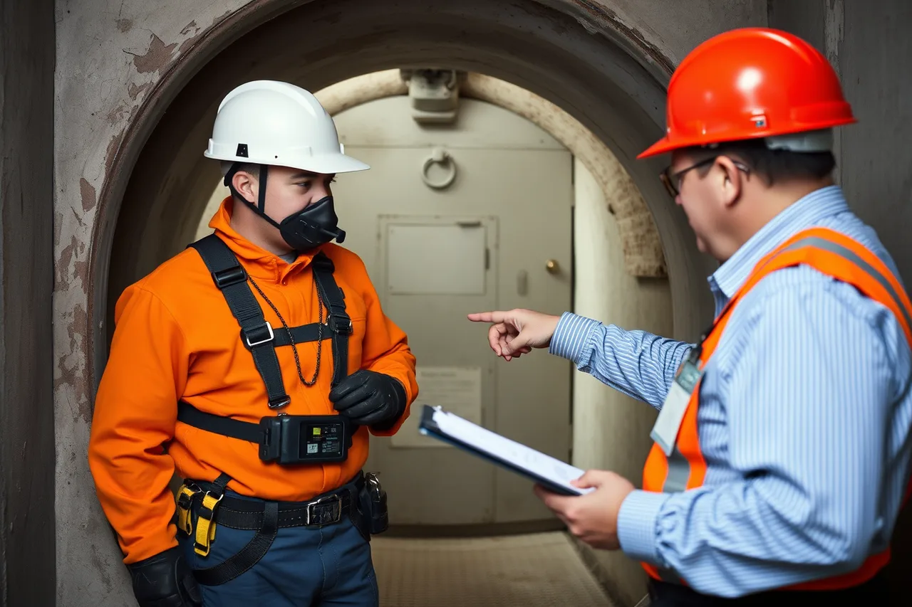 Worker in harness and gas monitor training at confined space entry (Industrial cleaning contracts in Saskatoon's mining and agri-food plants)