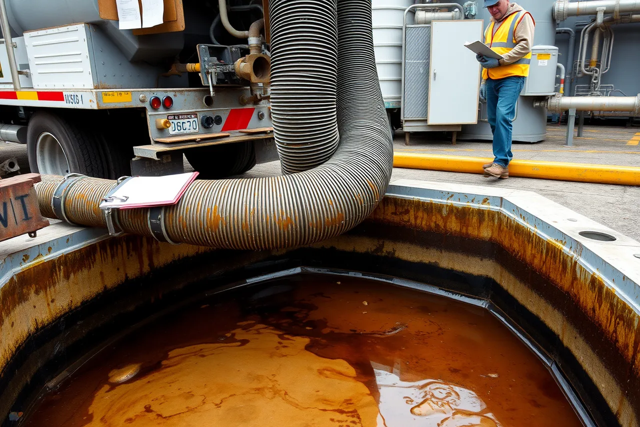 Vacuum truck pumping grease and oil from an interceptor pit (Industrial cleaning contracts in Saskatoon's mining and agri-food plants)