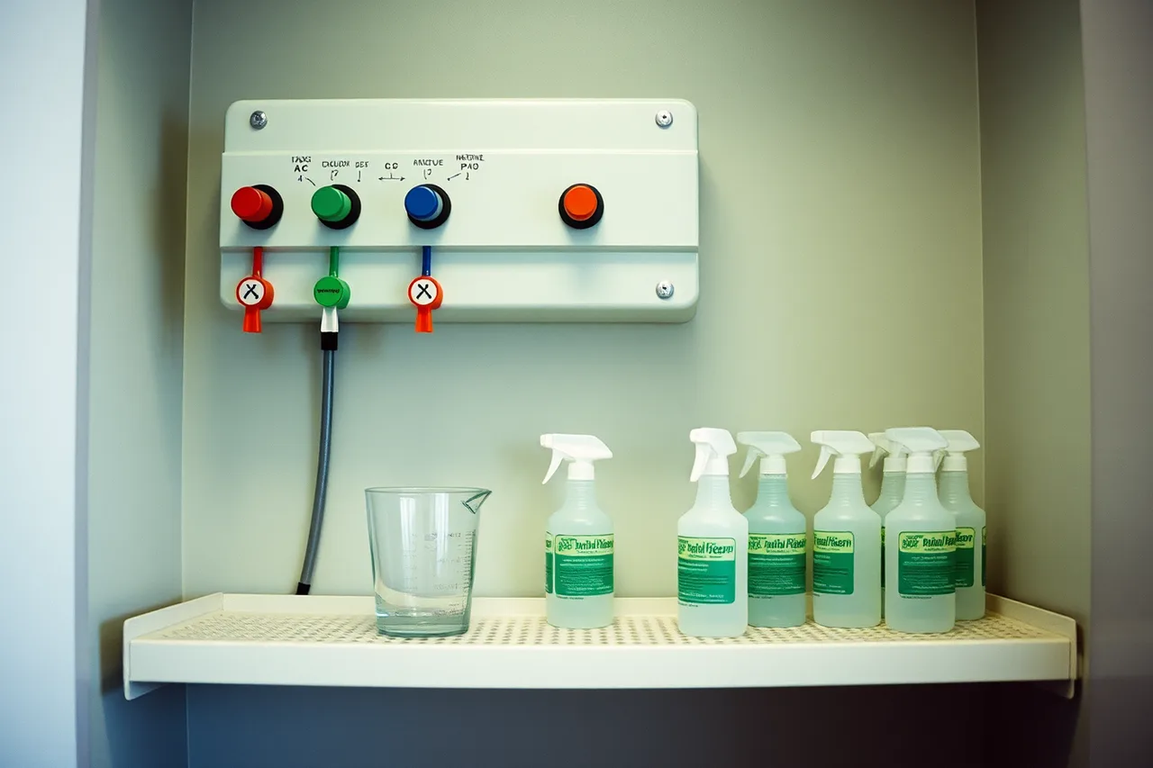 Dilution station with measuring cup and labelled secondary bottles (Industrial cleaning contracts in Saskatoon's mining and agri-food plants)